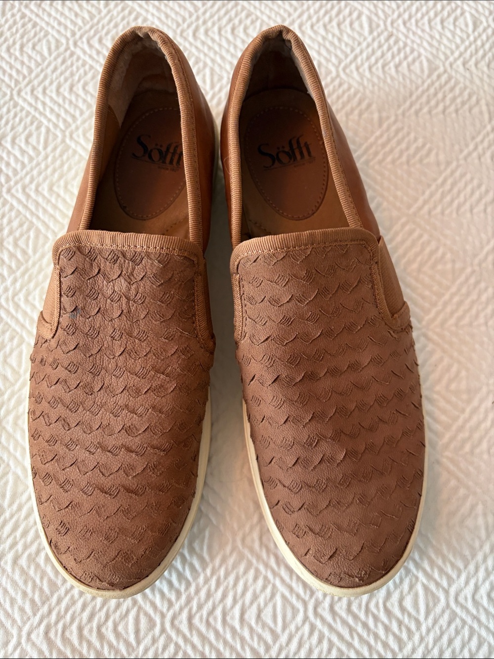 Sofft Women's Slip-On Loafers in Cognac Brown Suede.